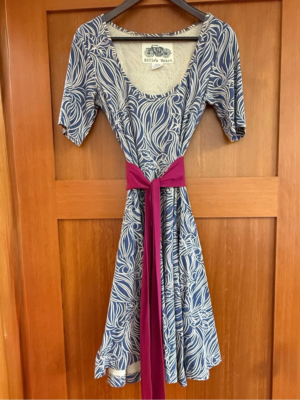 Effie's Heart Purple and Cream Retro Midi Dress with Magenta Waist Sash